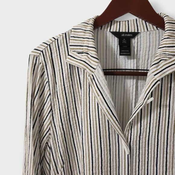 Ali Miles Size Medium Tan Black Stripe Button Front Tunic Top Lagenlook Artsy - Picture 2 of 13